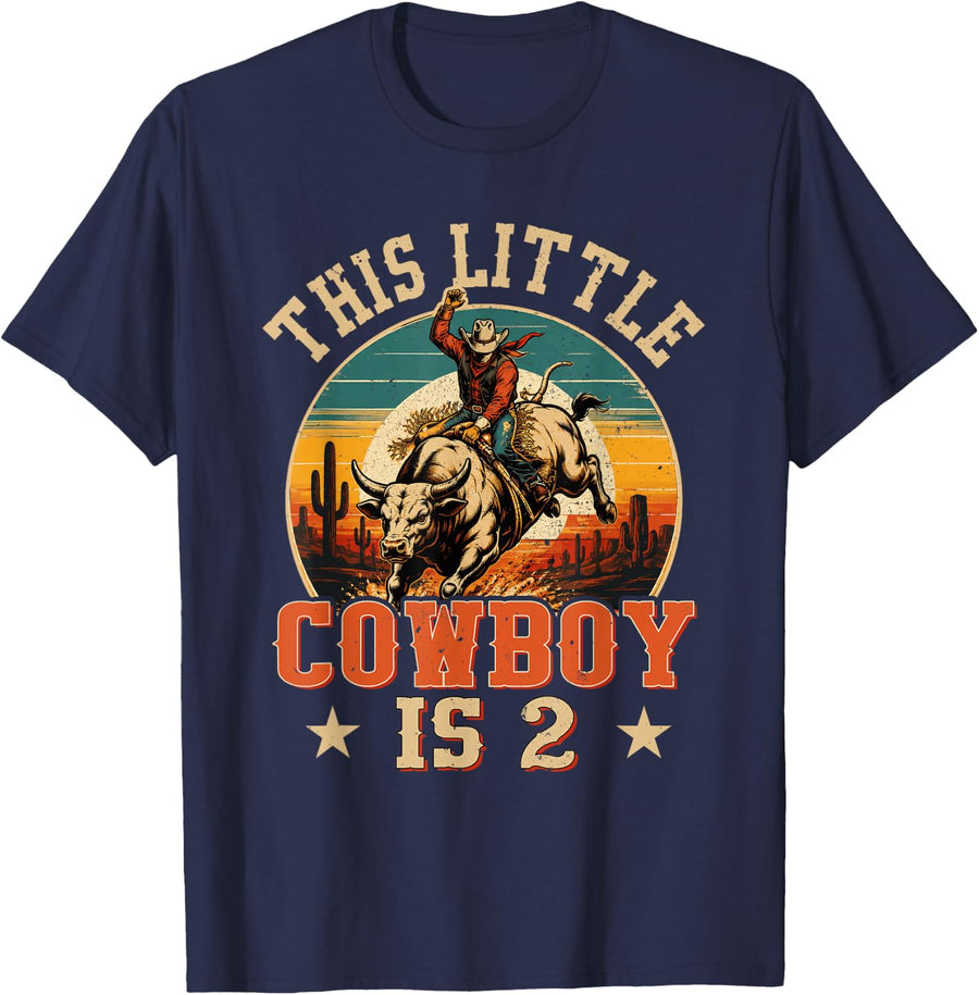 2 Years Old Bull Riding Lover 2nd Birthday Cowboy Theme T-Shirt - Navy Blue
