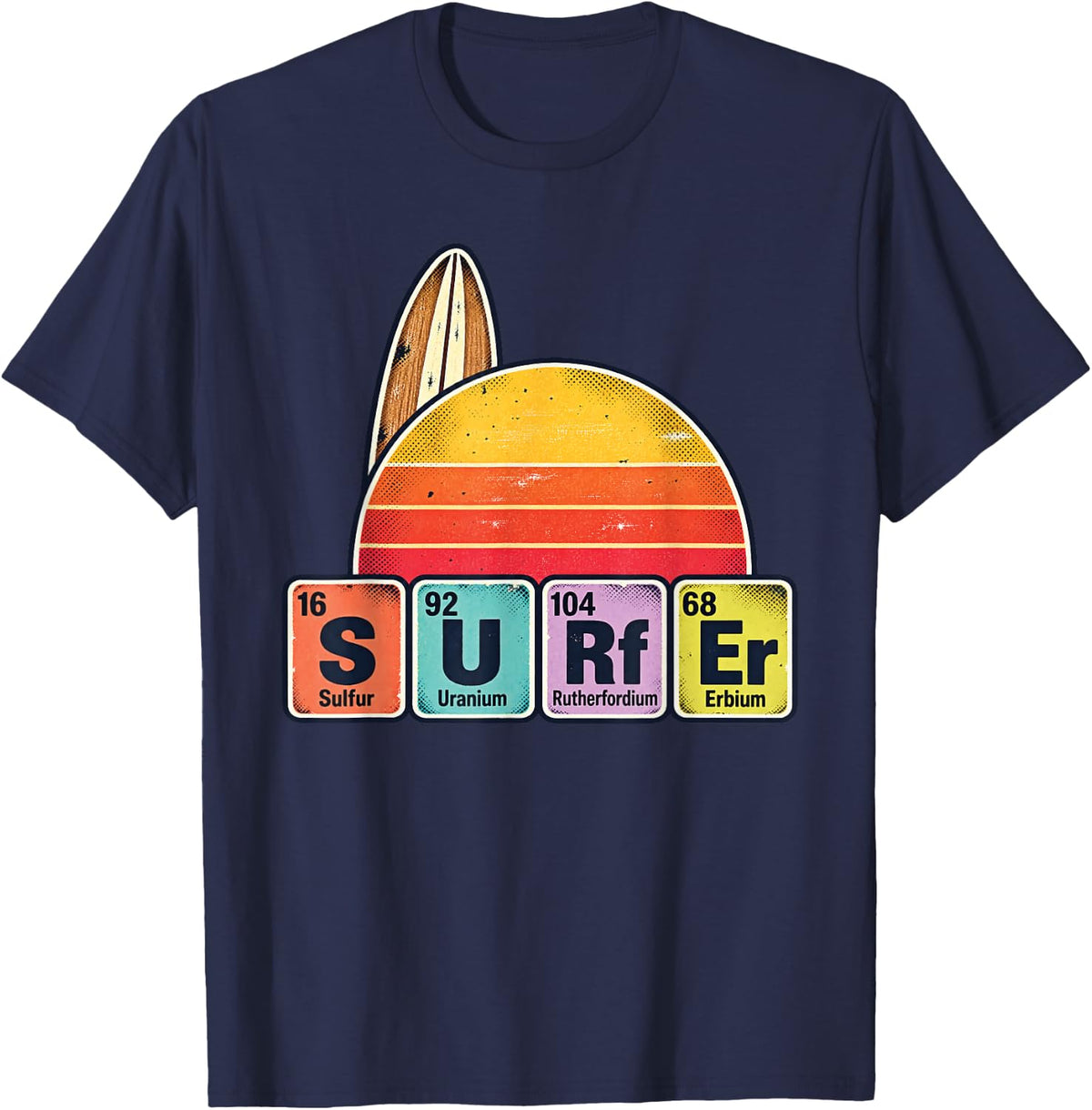 Surfer Periodic Table Chemistry Science and Surfing Lovers T-Shirt - Navy Blue