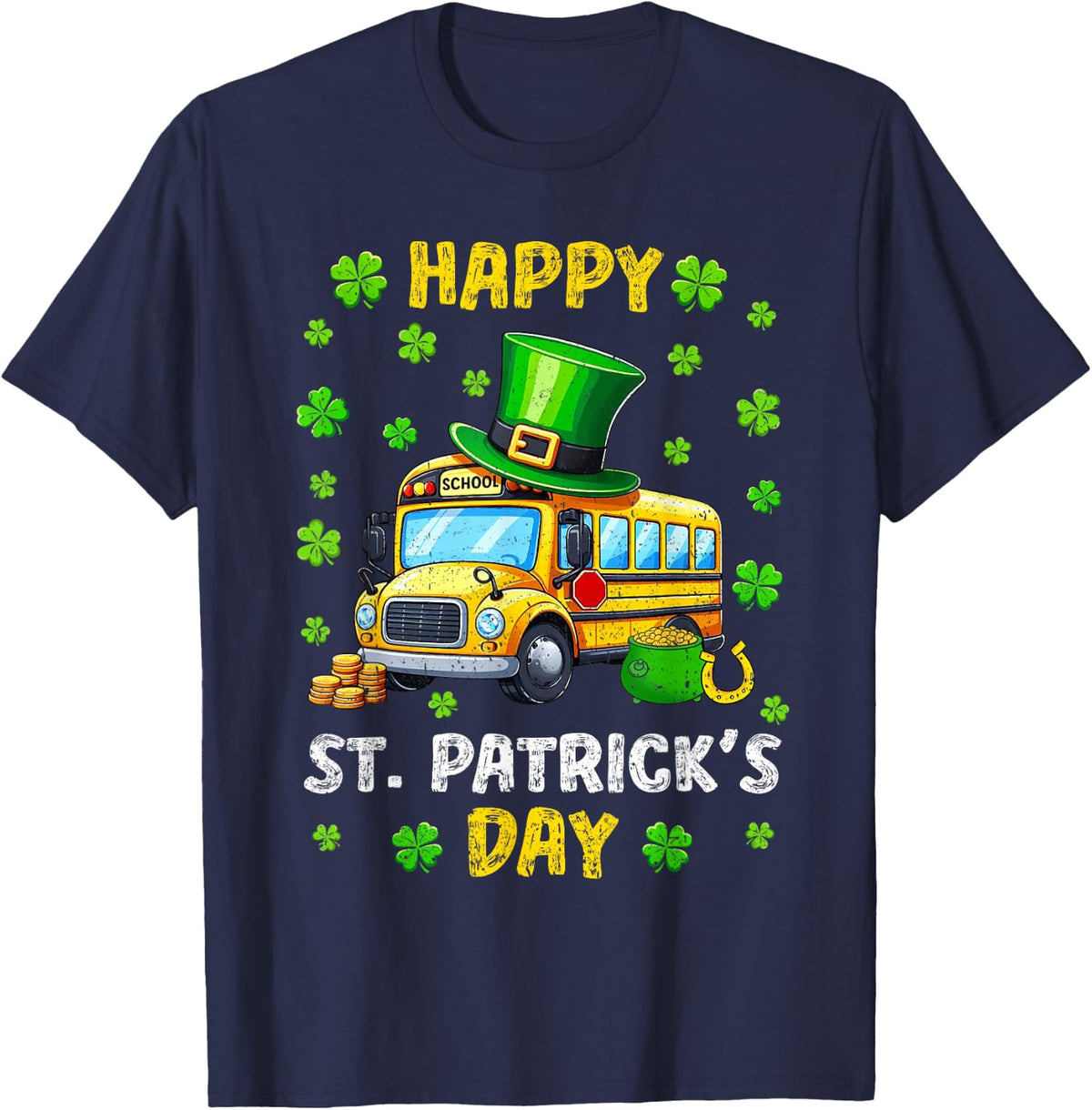 Vintage Happy St Patricks Day School Bus Driver Tee T-Shirt Shamrocks Gift - Navy Blue