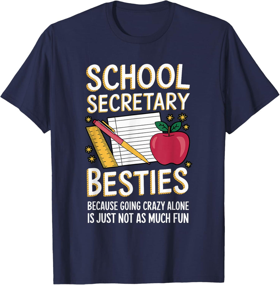 School Secretary Besties Front Office Teacher Admin T-Shirt Tee for Staff - Navy Blue