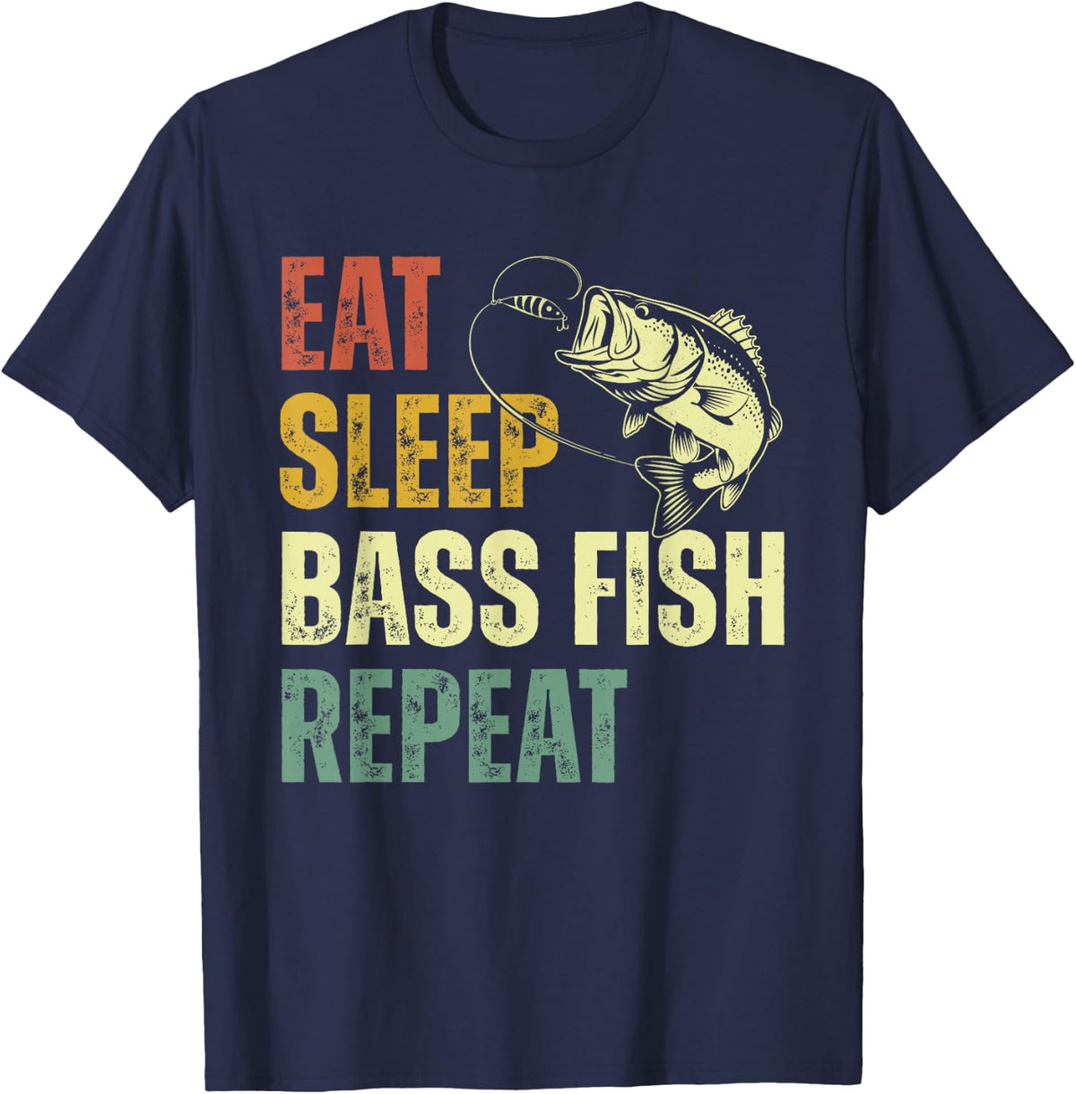 Eat Sleep Bass Fish Repeat Funny Bass Fishing T-Shirt - Navy Blue