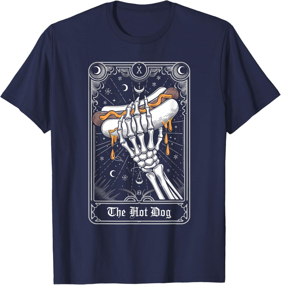 Hot Dog Tarot Card Skeleton Funny BBQ Tees T Shirts 4th of July Dad Men Women - Navy Blue