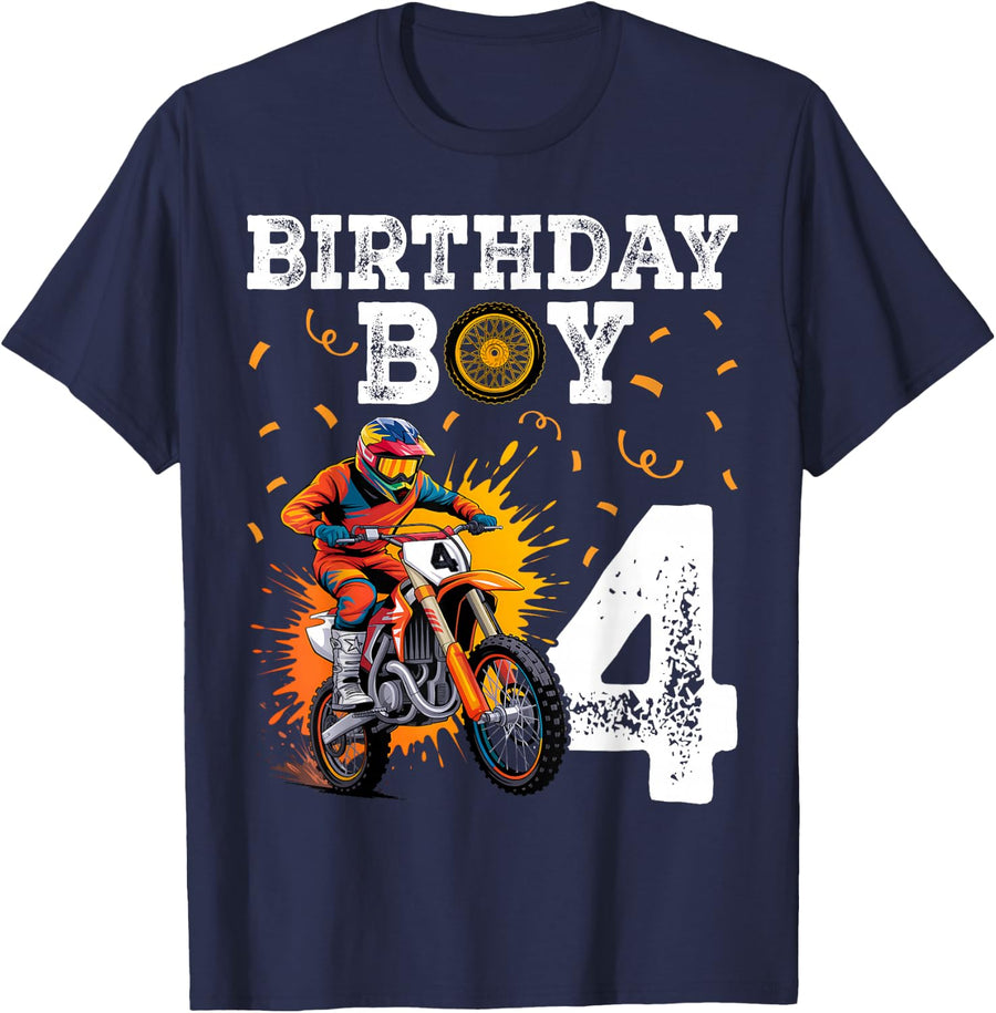 4th Birthday Motocross Mx Dirt Bike 4 Year Old Funny B-Day T-Shirt - Navy Blue