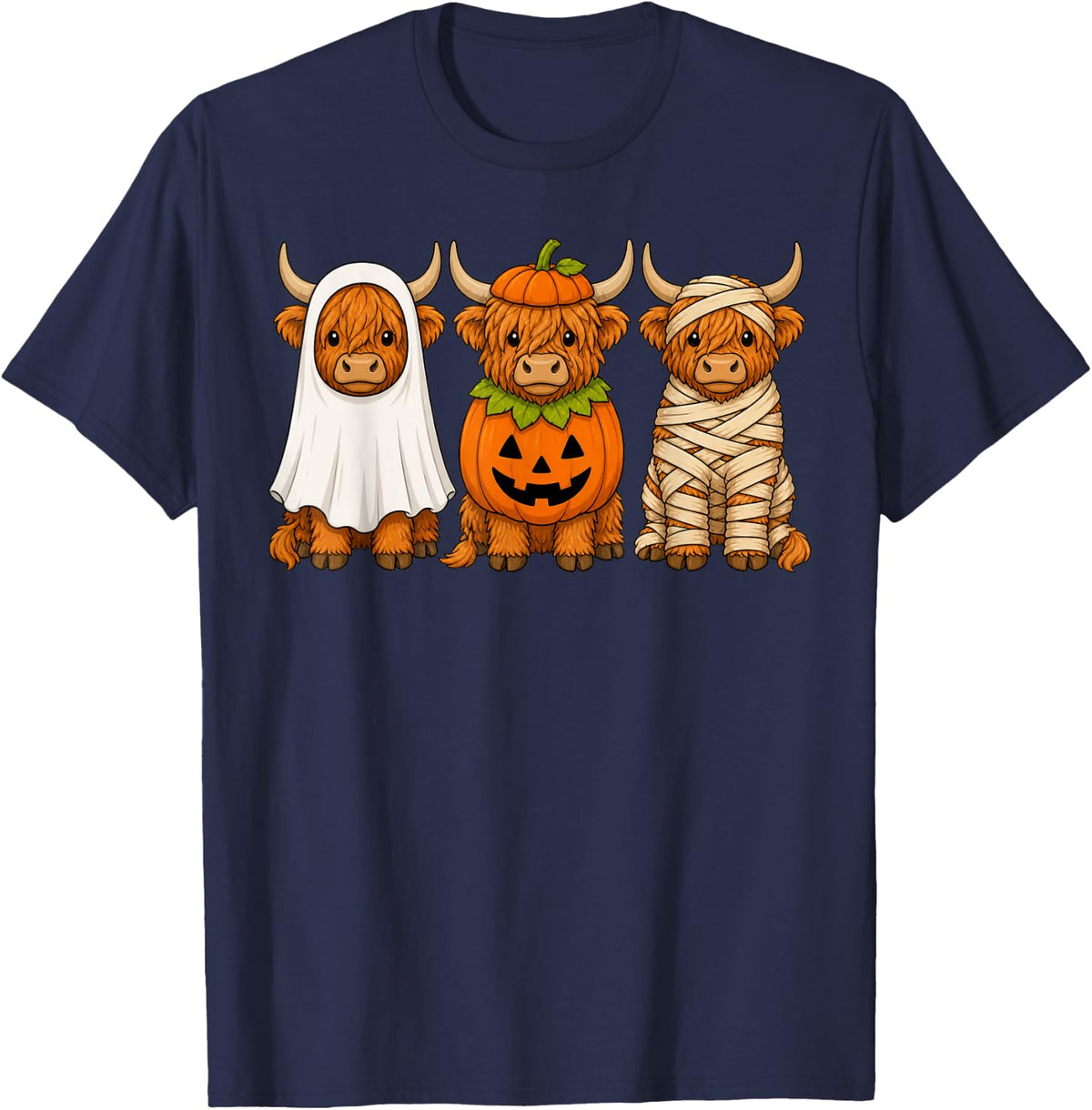 Spooky Highland Cow Pumpkin Ghost Halloween Farm Animal T-Shirt - Navy Blue