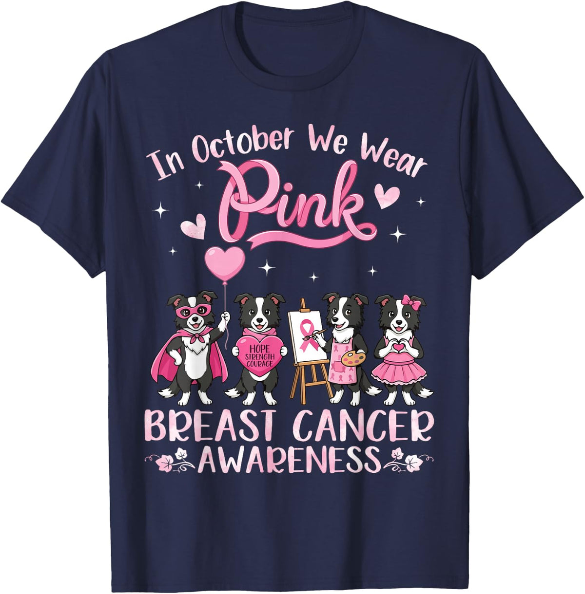 in October We Wear Pink Border Collie Dog Breast Cancer T-Shirt - Navy Blue