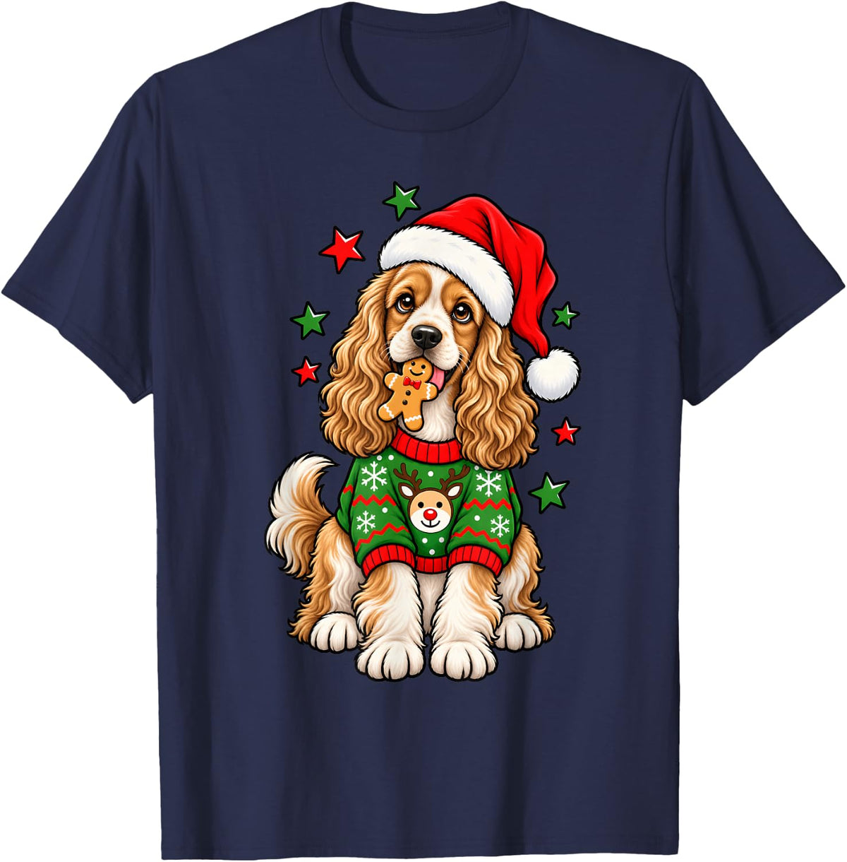 Santa Cocker Spaniel Holding Gingerbread Cookie Christmas T-Shirt - Navy Blue
