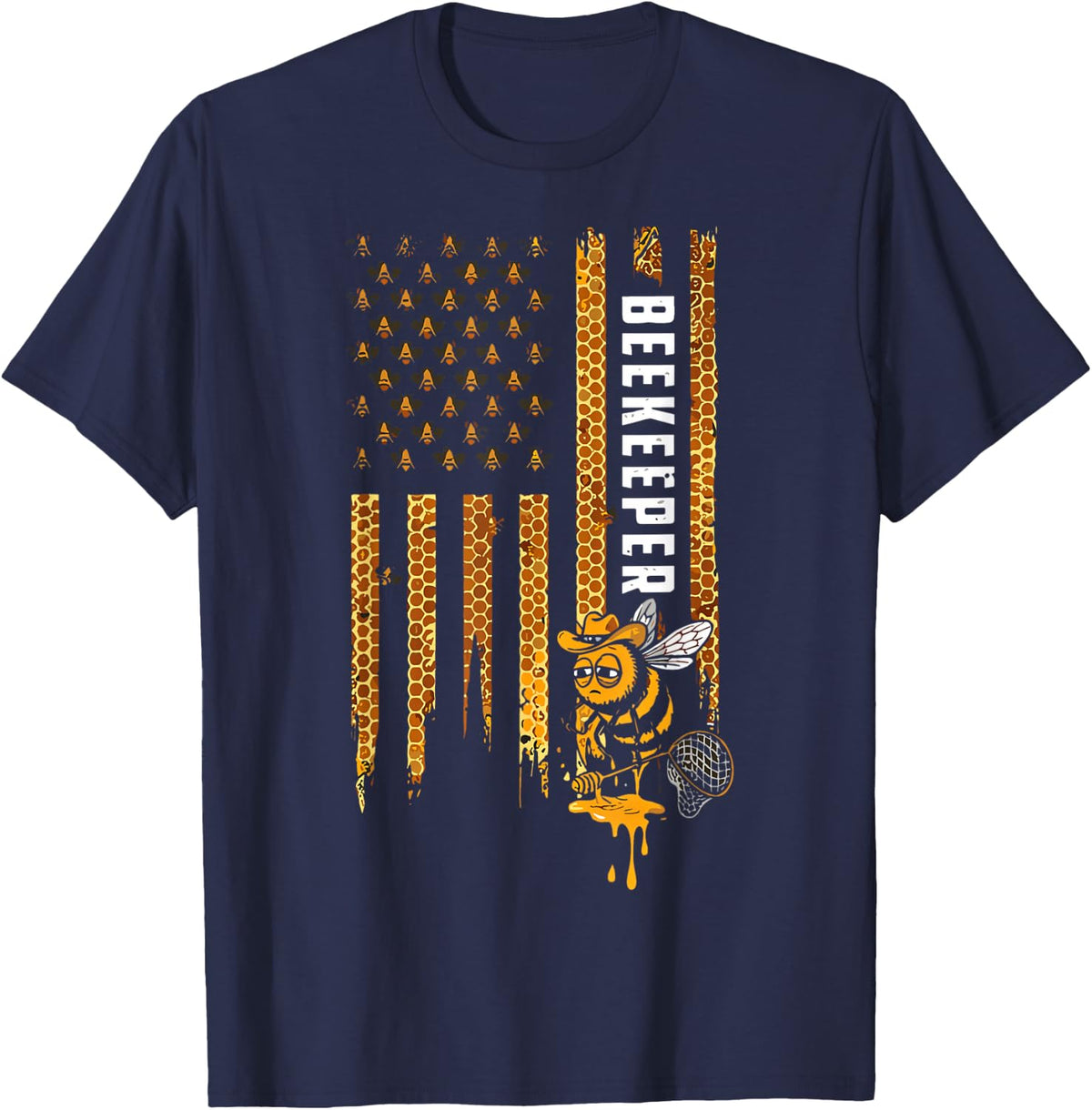 USA Beekeeping Honey American Flag Honeycomb Bees Beekeeper T-Shirt - Navy Blue