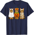 Spooky Bengal Cat Pumpkin Ghost Halloween T-Shirt - Navy Blue
