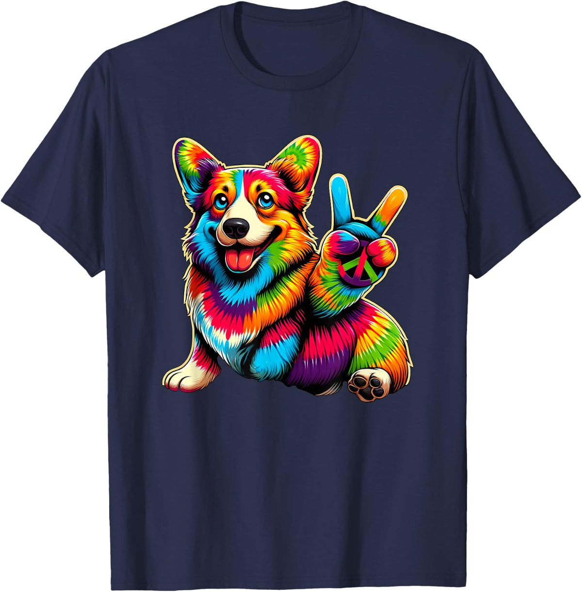 Peace Sign Tie Dye Corgi dog Men Women Kids T-Shirt - Navy Blue