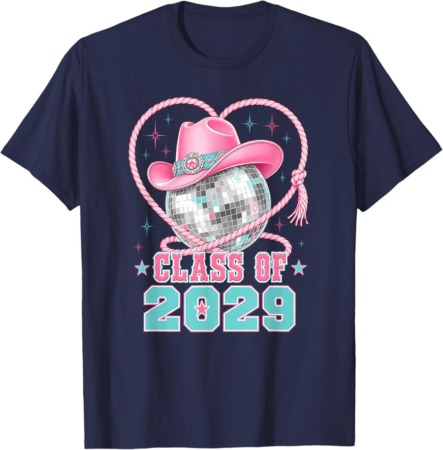 Class of 2029 Cowgirl Hat Disco Ball Western 9th Grade T-Shirt - Navy Blue