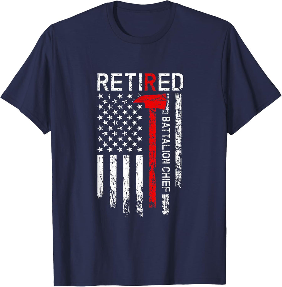 Retired Battalion Chief Axe USA Flag Firefighter T-Shirt - Navy Blue