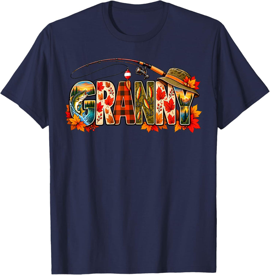 Thanksgiving Fishing Granny Fall Autumn Bass Birthday Family T-Shirt - Navy Blue