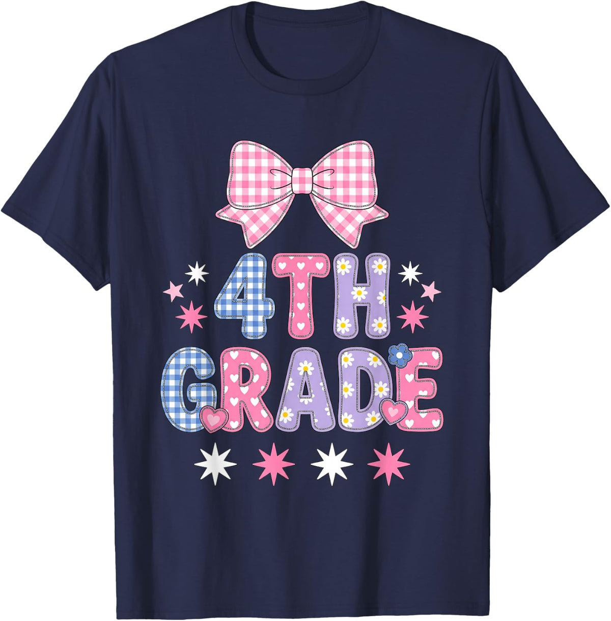 4TH Grade Back to School Bow Plaid Daisy T-Shirt - Navy Blue