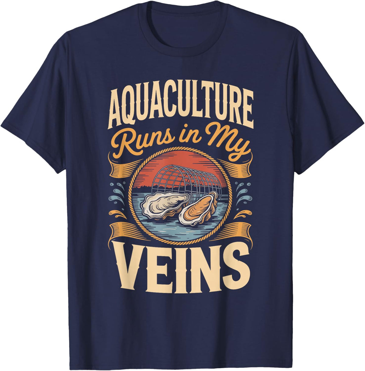 Aquaculture Runs in My Veins Oyster Farmer Shellfish Farming T-Shirt - Navy Blue