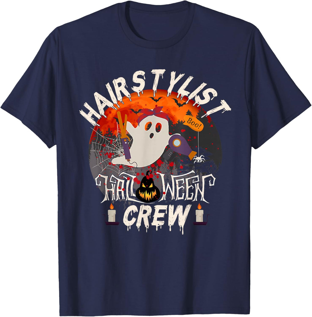 Spooky Hairstylist Boo Crew Hairdresser Halloween Matching T-Shirt - Navy Blue