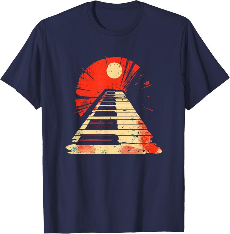 Vintage Piano Sunset Pianist T-Shirt - Navy Blue
