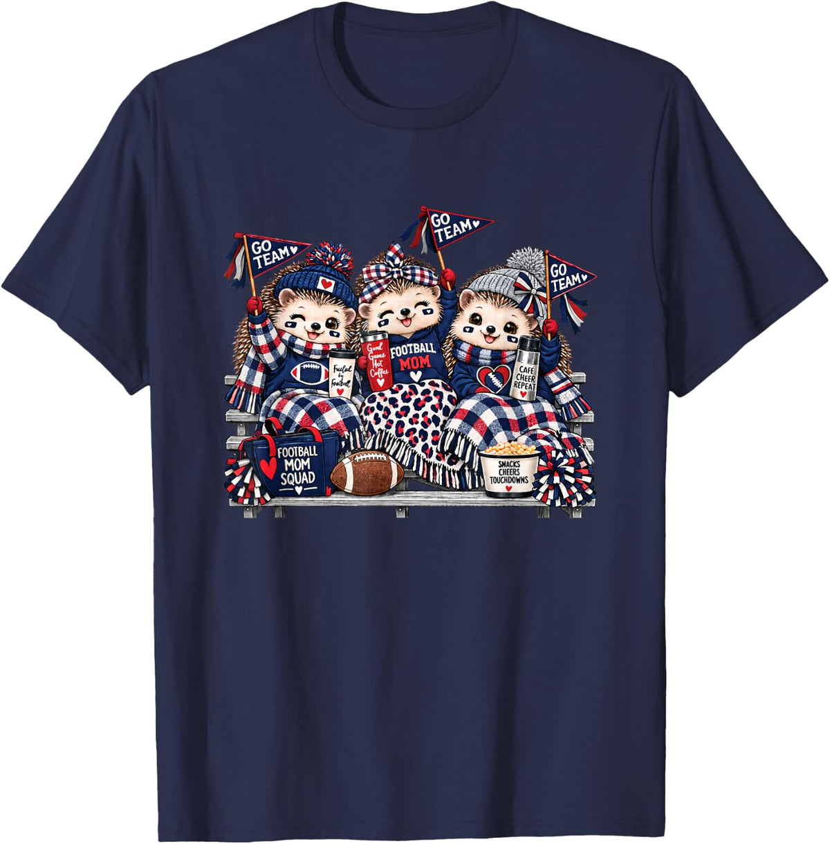 Football Mom Squad Cute Hedgehog Game Day Cheer Red Blue T-Shirt - Navy Blue