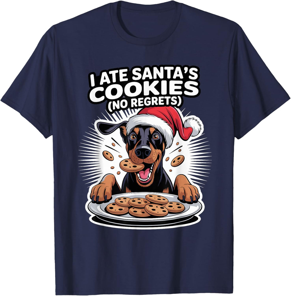 I Ate Santas Cookies Puppy Funny Christmas Doberman Pinscher T-Shirt - Navy Blue