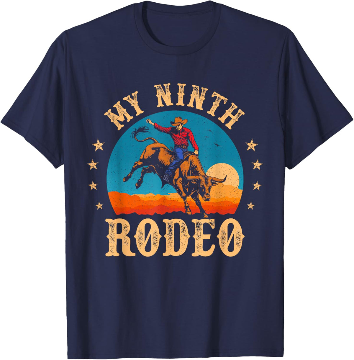 My Ninth Rodeo 9 Year Old Cowboy 9th Birthday Bull Riding T-Shirt - Navy Blue