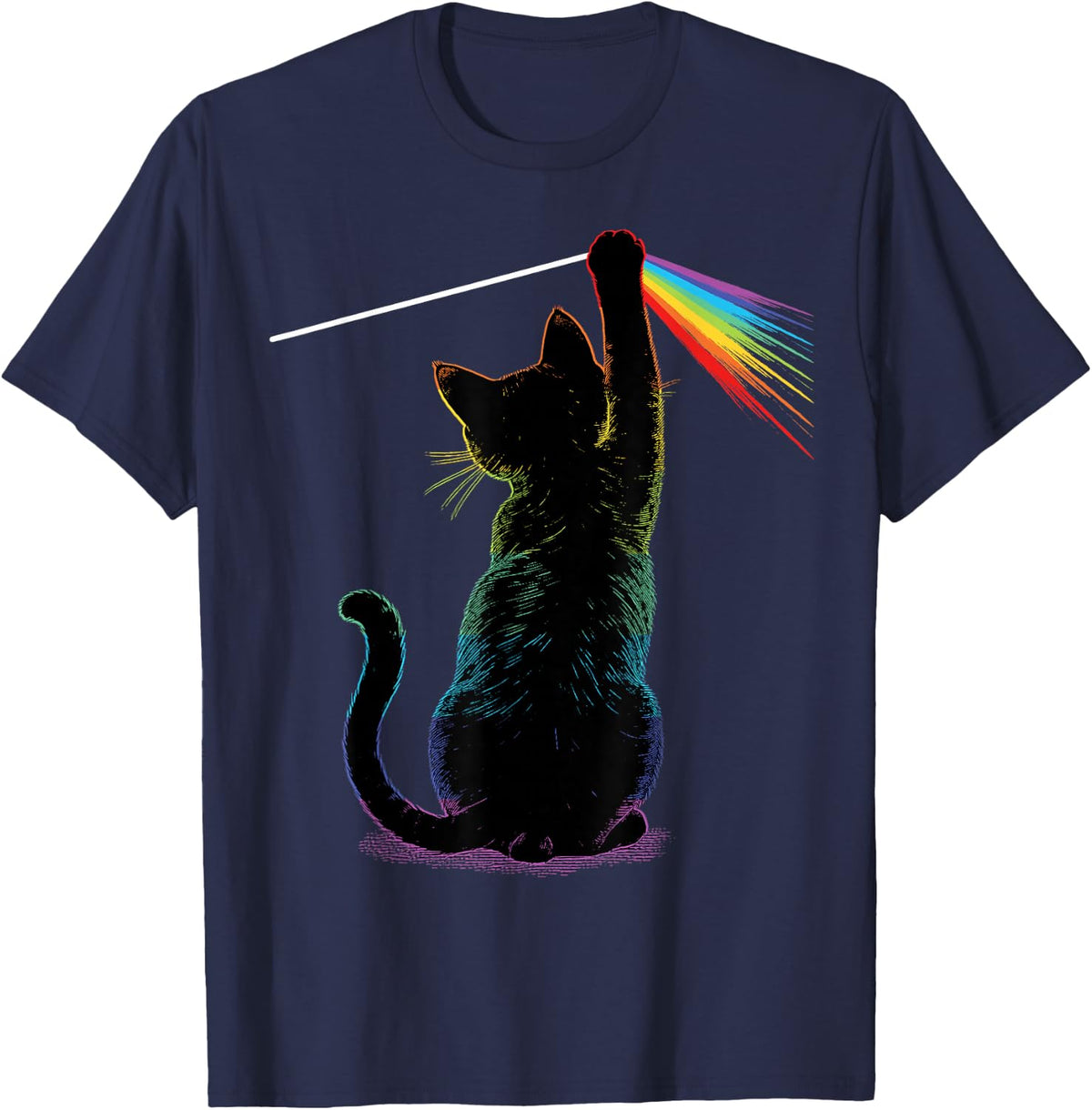 Black Cat Rainbow Light Prism Science Lover Physics LGBT T-Shirt - Navy Blue