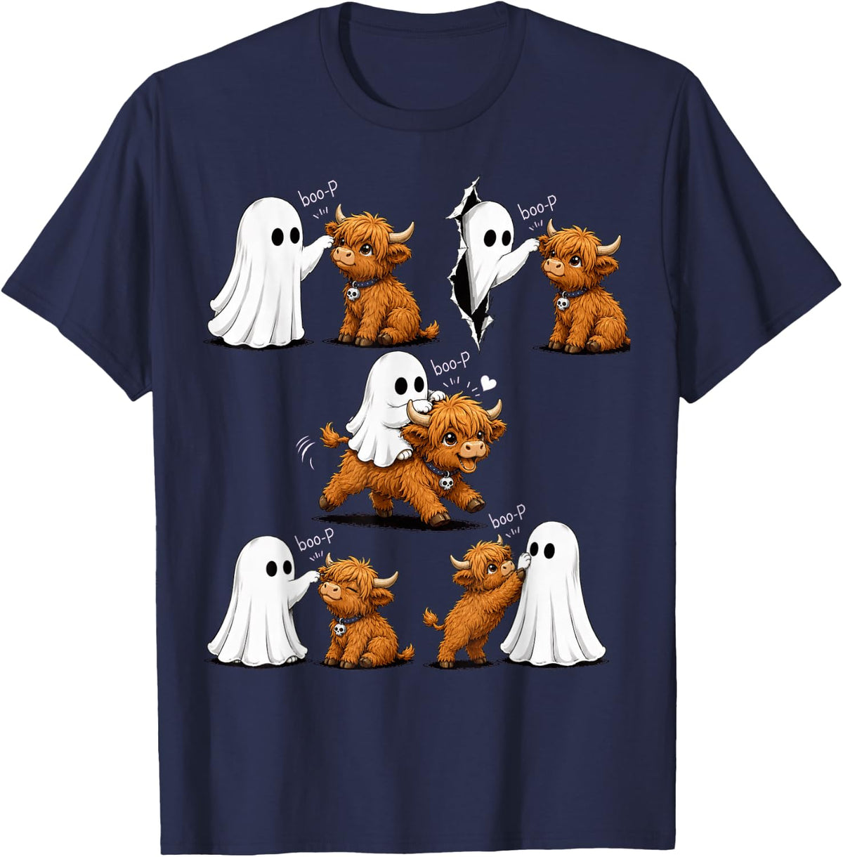 Cool Highland Cow Boo P Ghost Nose Boop Halloween Costume T-Shirt - Navy Blue
