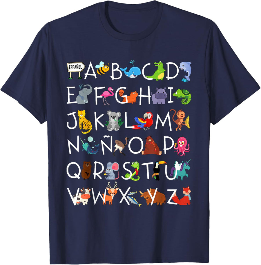 SPANISH ALPHABET SHIRT, Cute Animal Alphabet T-Shirt - Navy Blue