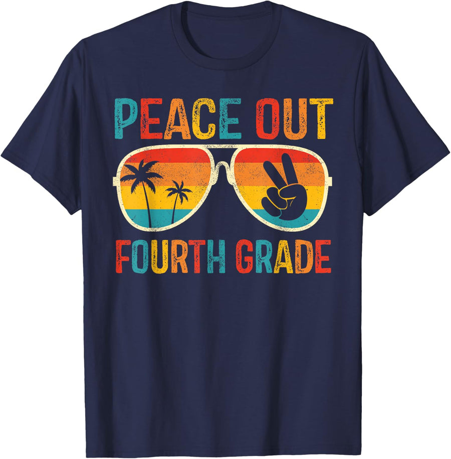 Peace Out Fourth Grade Graduation Retro Last Day of School T-Shirt - Navy Blue
