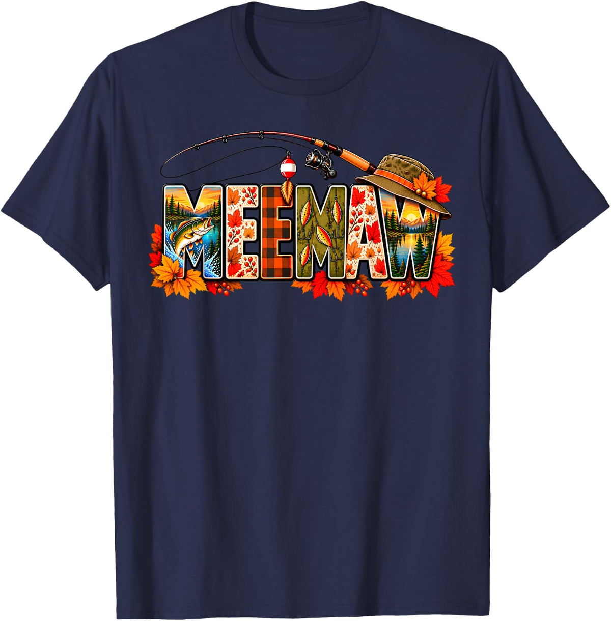 Thanksgiving Fishing Meemaw Fall Autumn Bass Birthday Family T-Shirt - Navy Blue