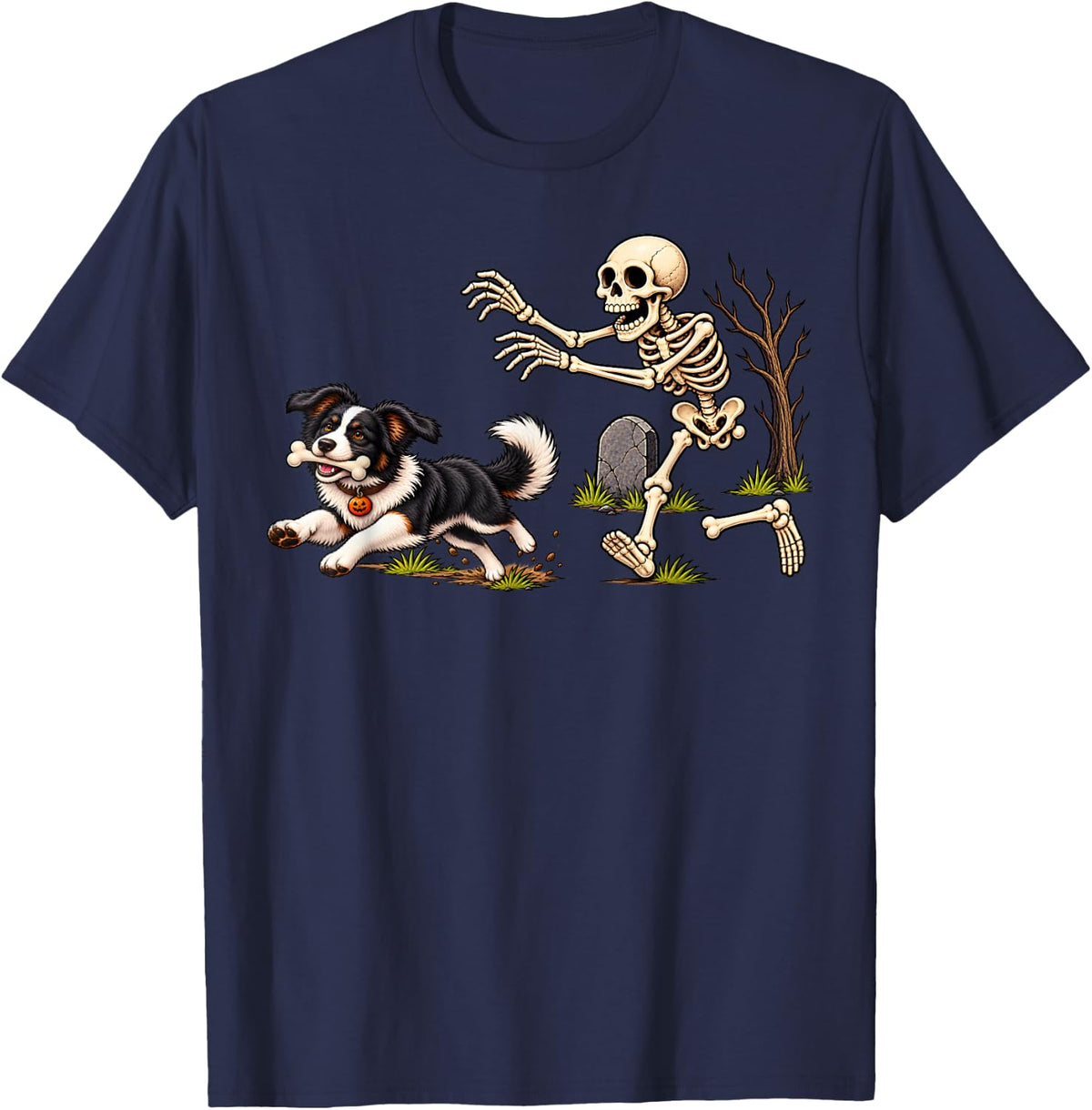 Border Collie Dog Stealing Bone from Skeleton Halloween T-Shirt - Navy Blue