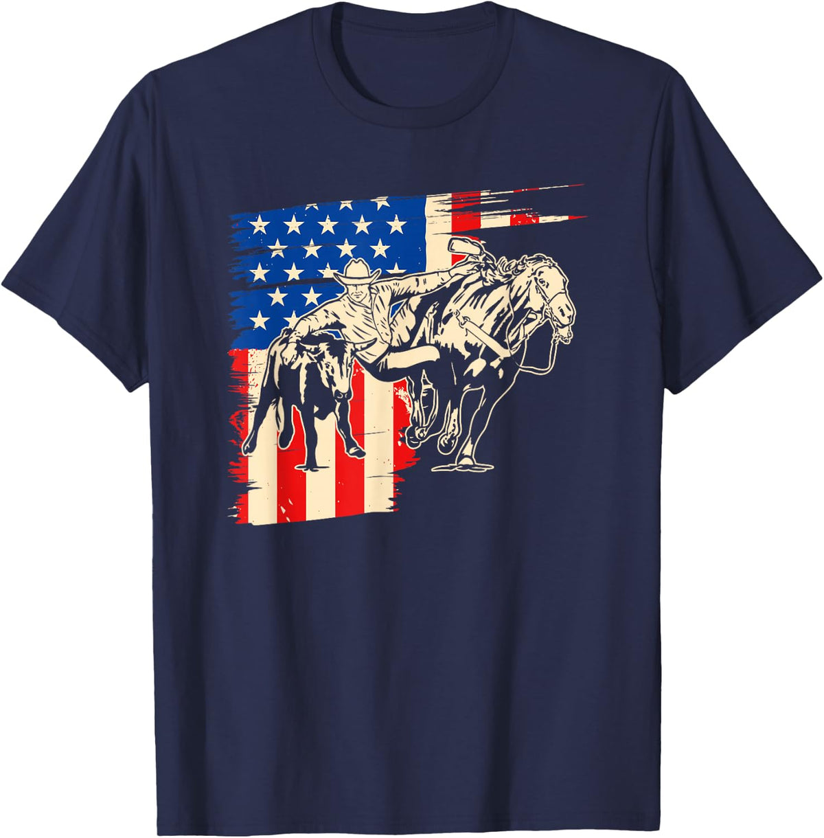 Patriotic Steer Wrestling American Flag Bulldogging Graphic T-Shirt - Navy Blue