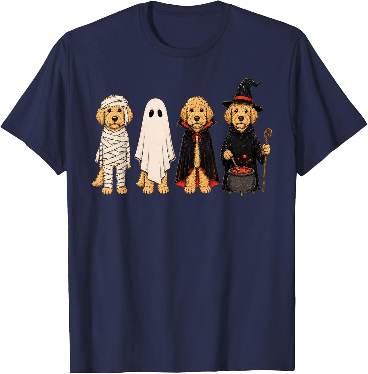 Halloween Goldendoodle Costume Mummy Ghost Vampire Witch T-Shirt - Navy Blue