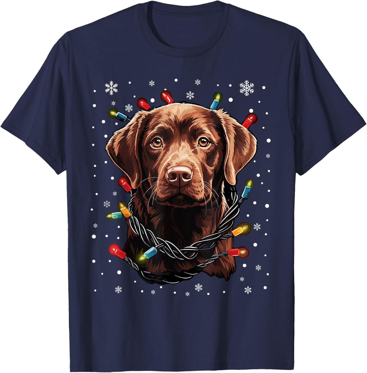 Chocolate Labrador Dog Christmas Lights Santa Hat Xmas Men Women Kids T-Shirt - Navy Blue