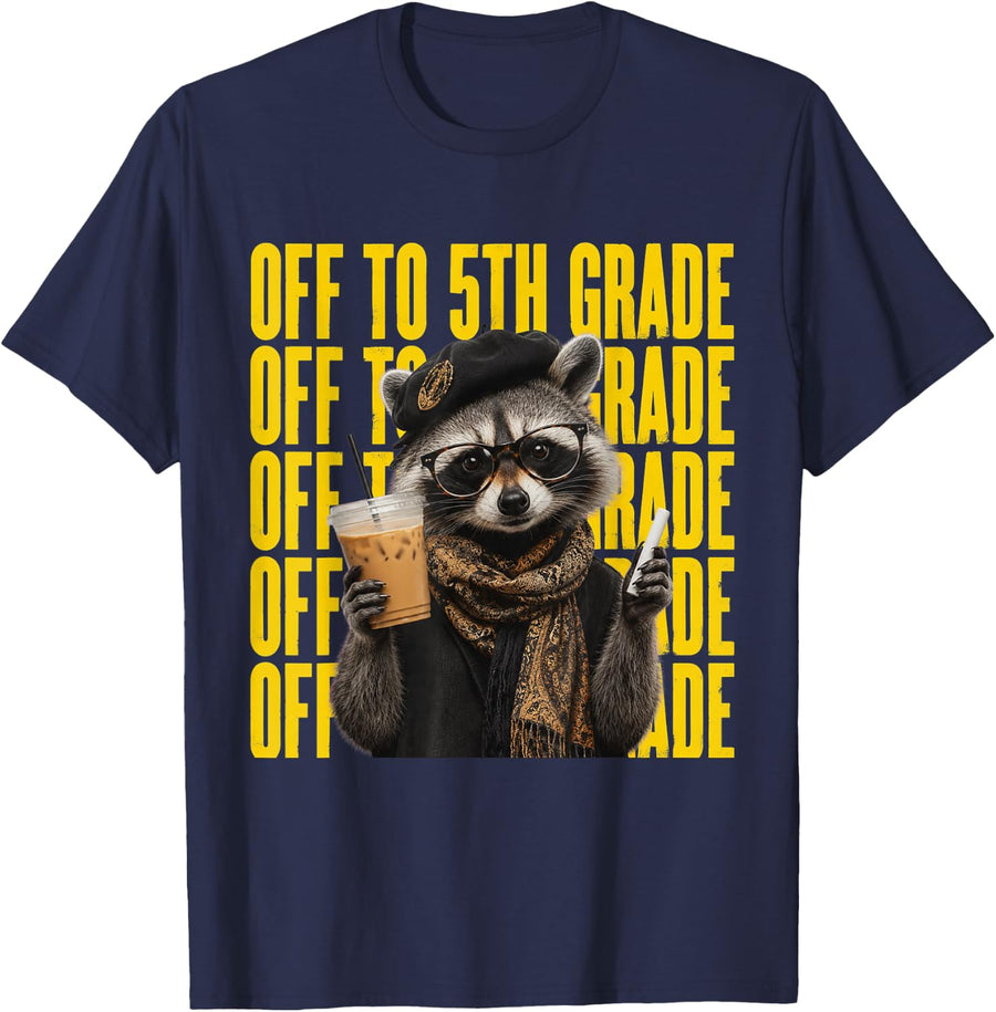 Off to 5th Grade Raccoon Back to School Fifth Grade T-Shirt - Navy Blue