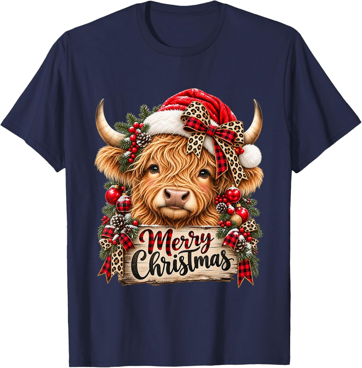 Merry Christmas Highland Cow Leopard Plaid T-Shirt - Navy Blue
