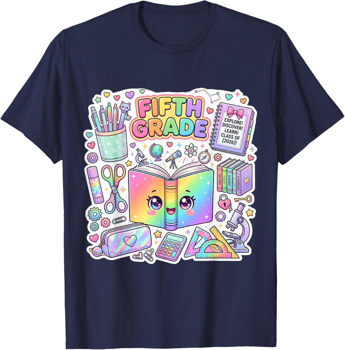 Cute Book 5th Fifth Grade Back to School Girl Teacher Class T-Shirt - Navy Blue