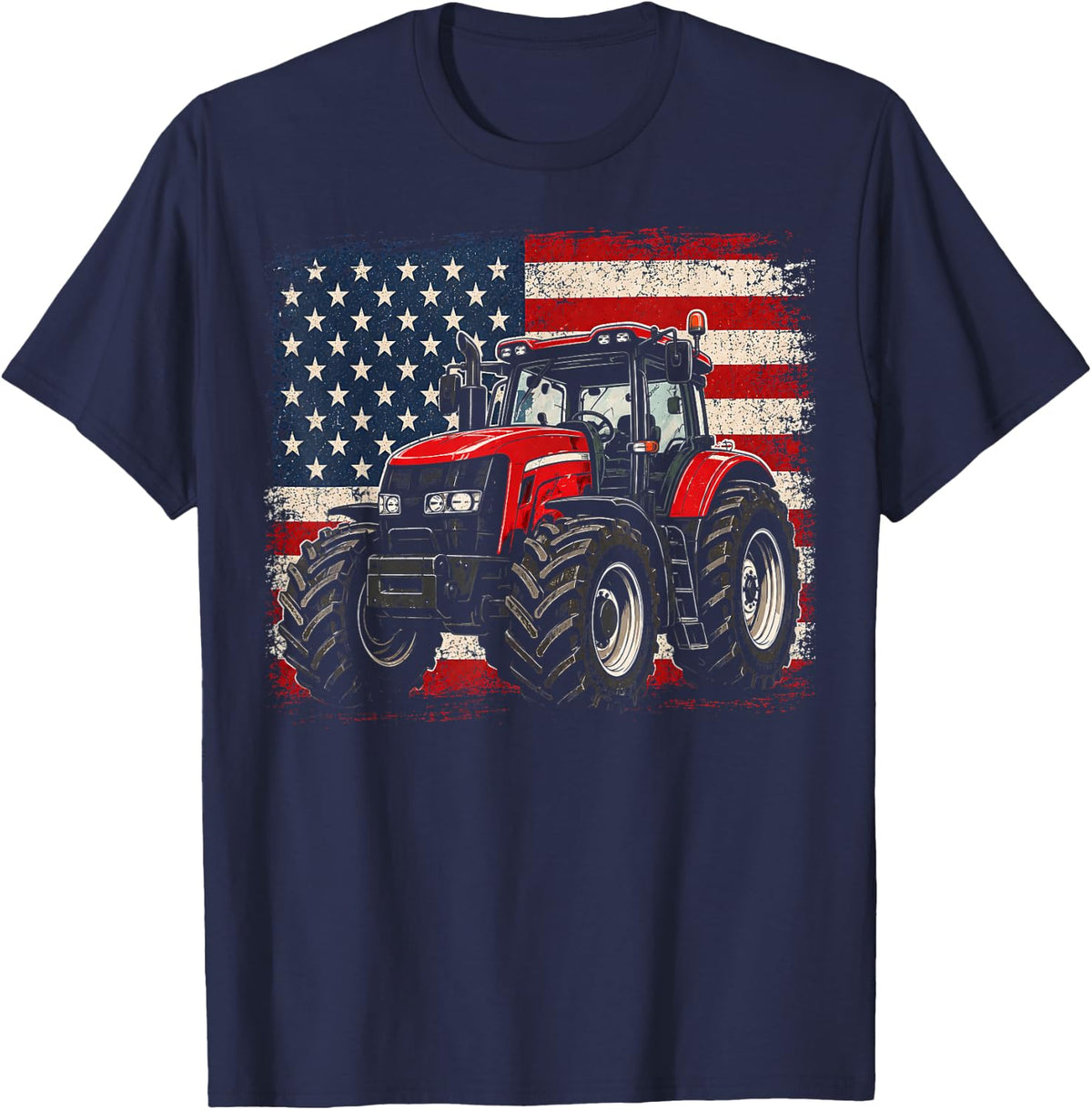 Tractor American Flag Patriotic Farmer Country Farm Life T-Shirt - Navy Blue