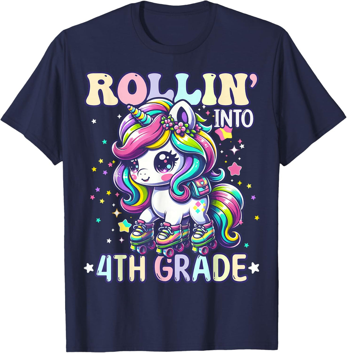 First Day of 4th Grade Shirt Girls Rollin into Fourth Grade Unicorn Back to School Tees T Shirts - Navy Blue
