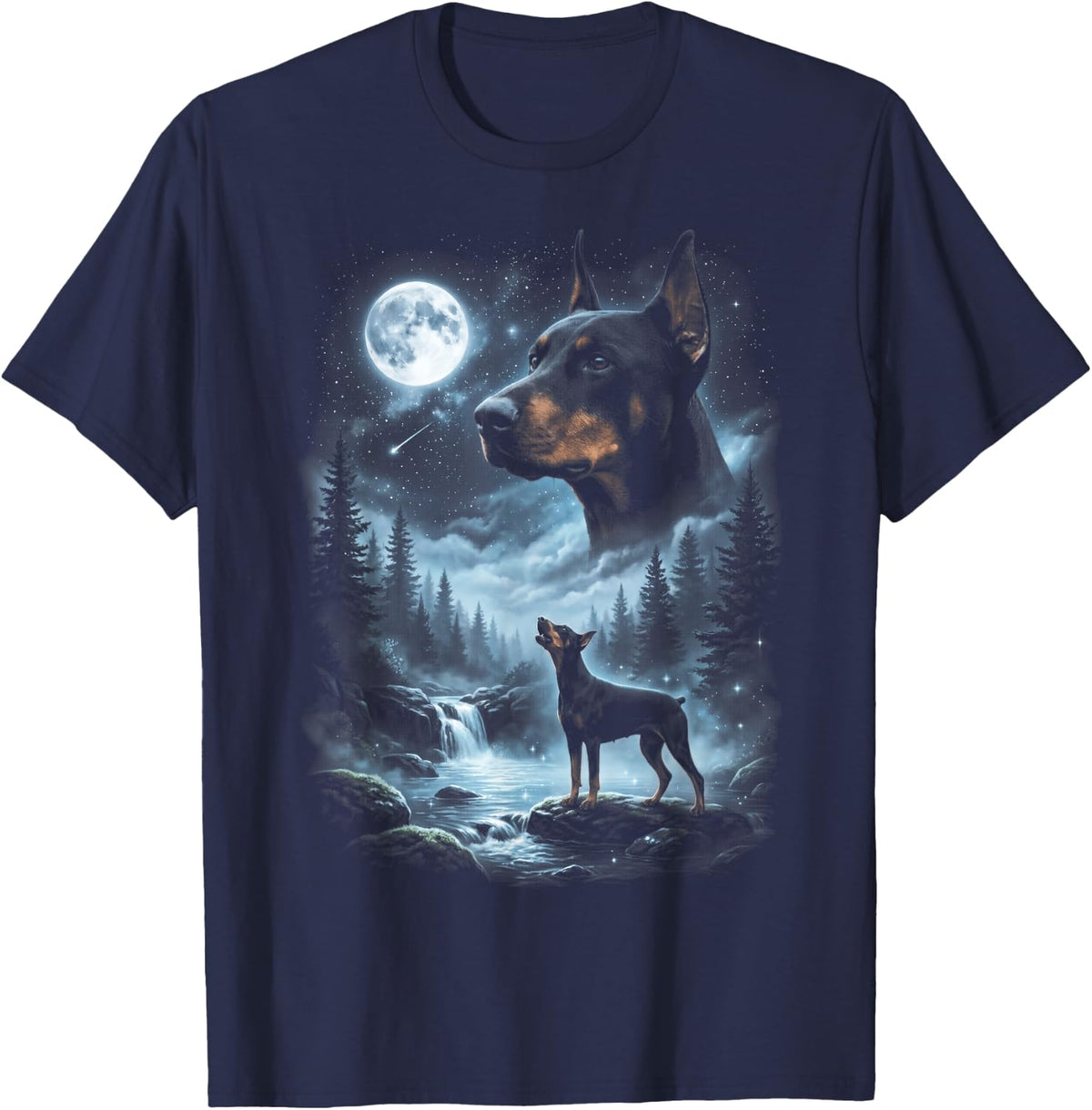 Doberman Pinscher Howling to the Moon Retro 90's Dobie Dog T-Shirt - Navy Blue