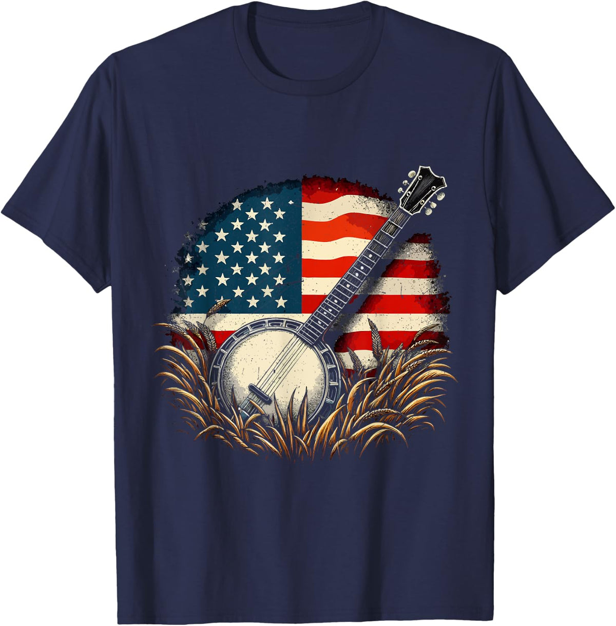 Banjo Player 4th Of July American Flag Vintage T-Shirt - Navy Blue