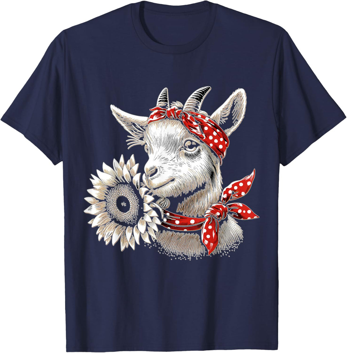 Goat with Flower and Bandana Farm Girl Rancher T-Shirt - Navy Blue