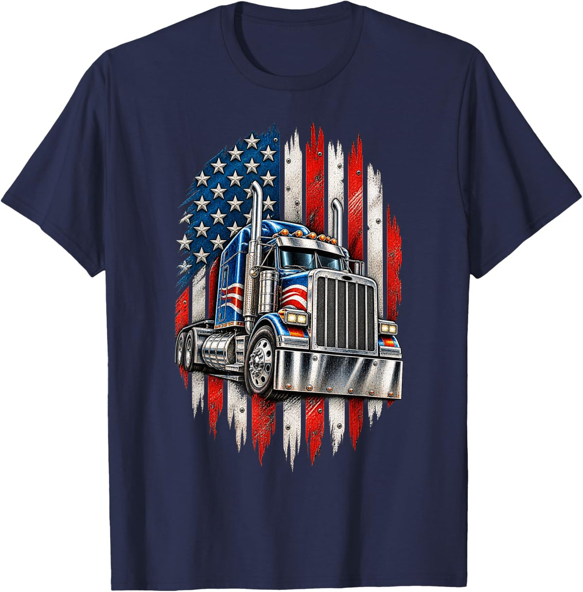USA Flag 4th of July Independence Day Patriotic Truck Driver T-Shirt - Navy Blue