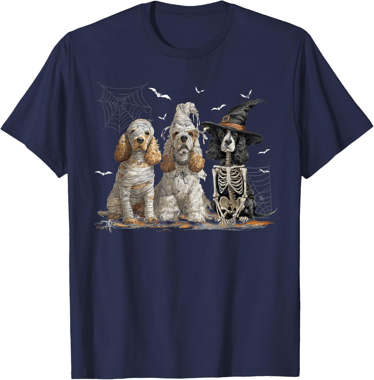 Cute Cocker Spaniel Dog Dressed Ghost Funny Halloween T-Shirt - Navy Blue