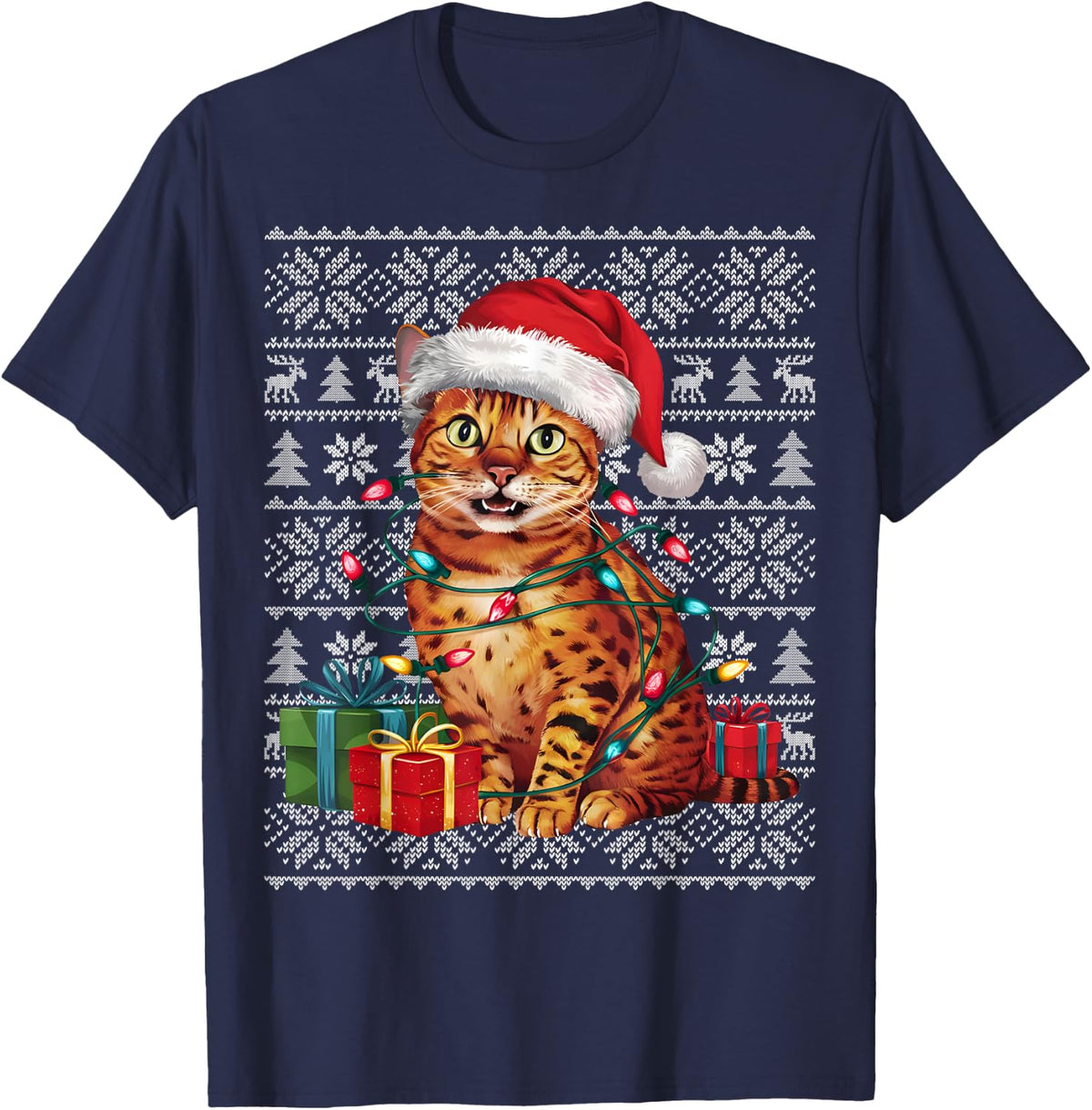 Xmas Sweater Style Ugly Santa Hat Bengal Cat Christmas T-Shirt for Men Women Kids - Navy Blue