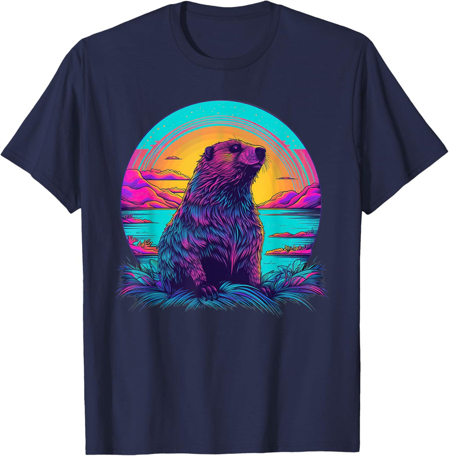 Retro Sunset Marmot T-Shirt - Navy Blue