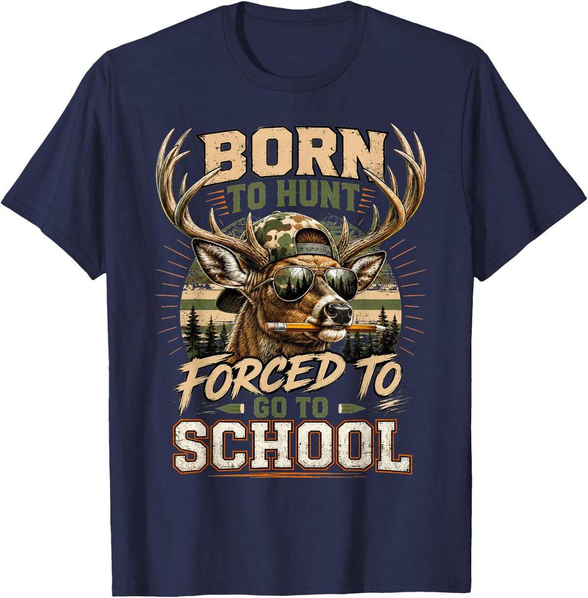 Deer Hunting Hunter Born Hunt Forced Go School Boys Youth T-Shirt - Navy Blue