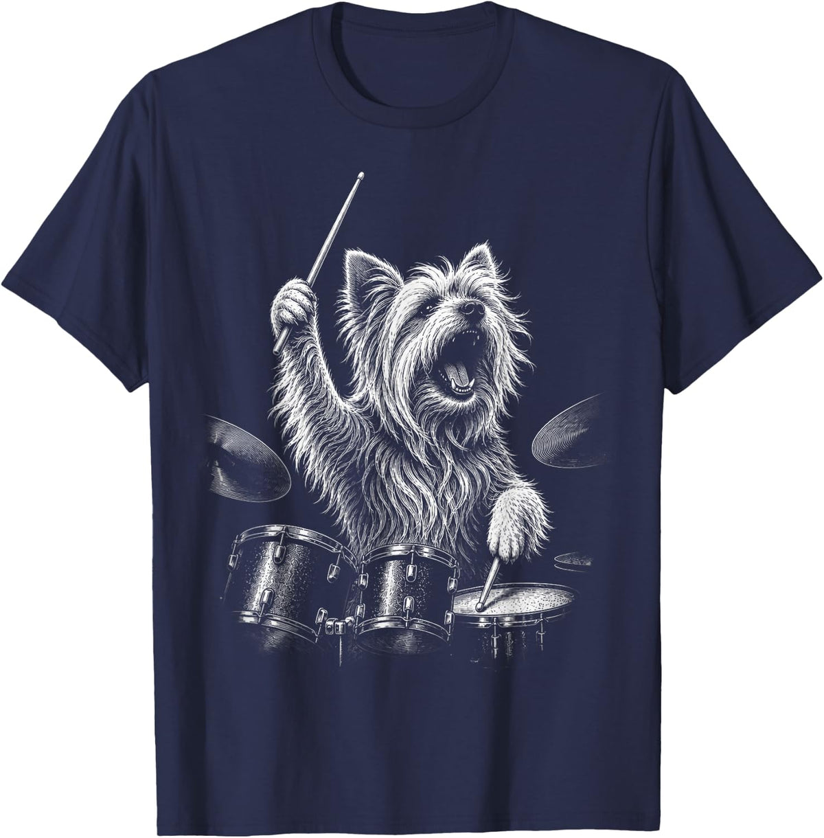 Yorkie Playing Drums Funny Drummer Yorkshire Terrier Dog T-Shirt - Navy Blue