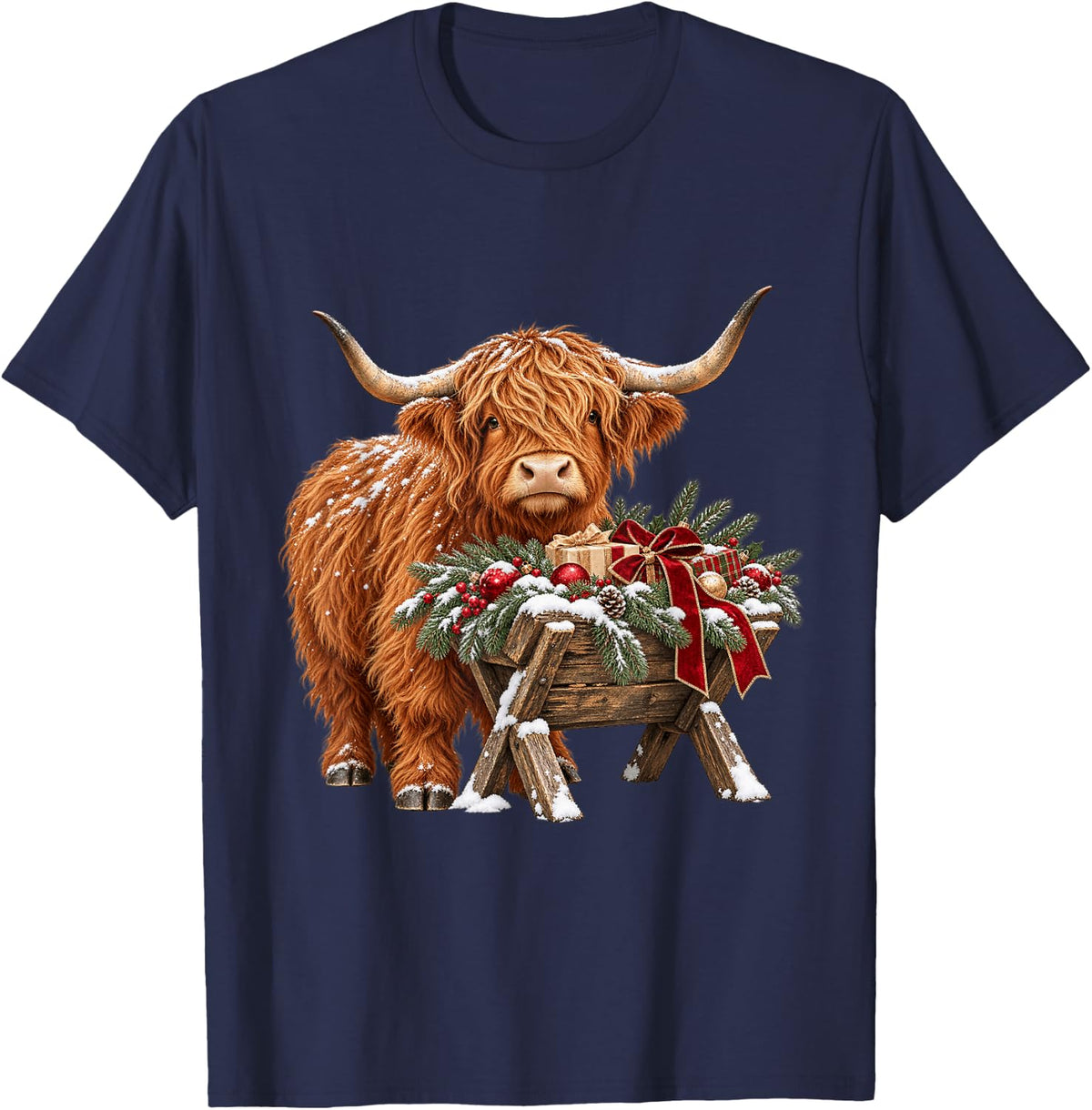 Highland Cow Christmas Cute Scottish Cow Holiday T-Shirt - Navy Blue