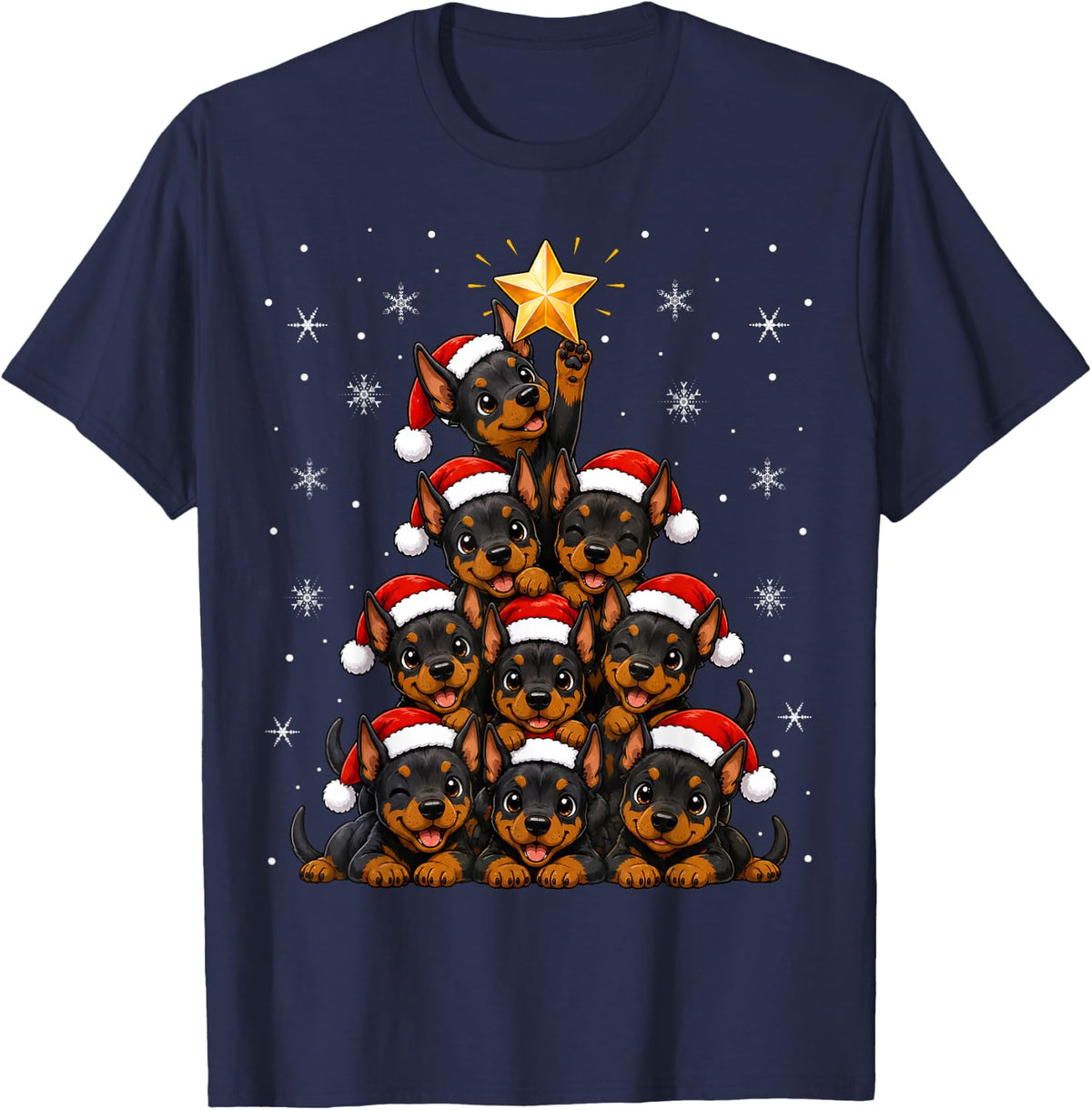Cute Festive Santa Hat Doberman Pinscher Dog Christmas Tree T-Shirt - Navy Blue