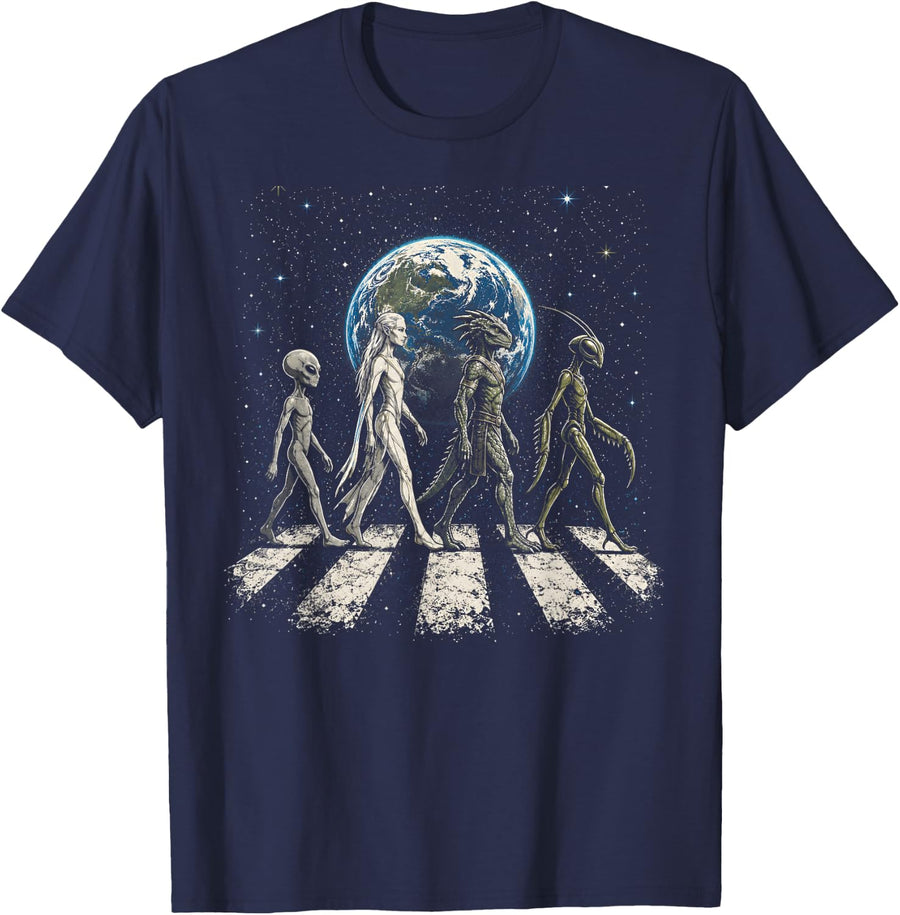 Funny Four Alien Species UFO Disclosure Cosmic Space Walk T-Shirt - Navy Blue