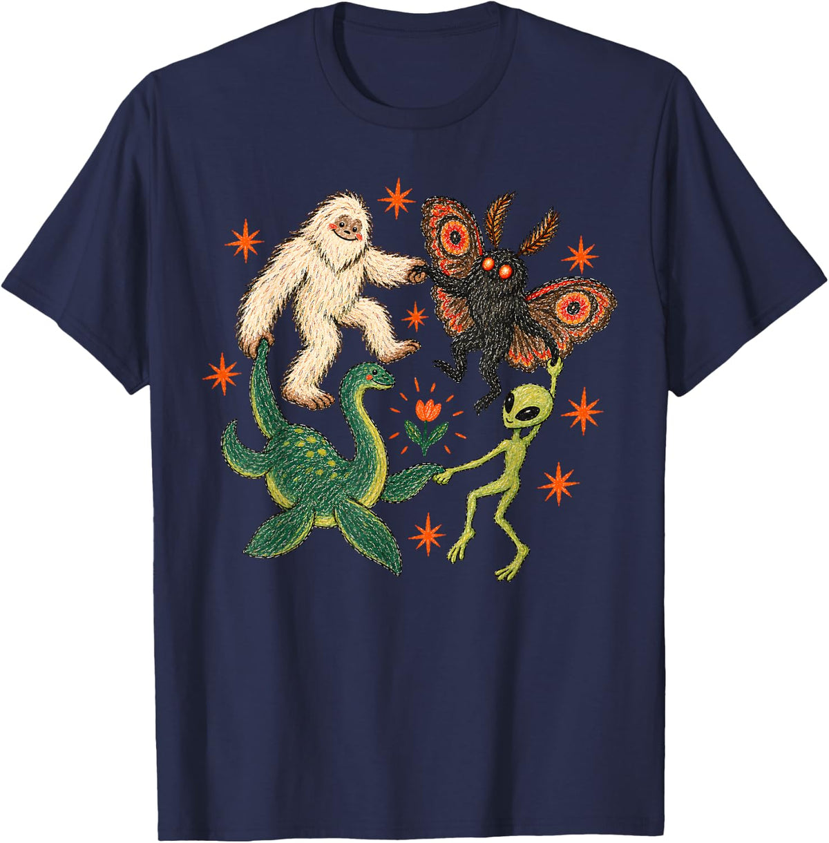 Funny Dancing Cryptids Bigfoot Mothman Alien Halloween T-Shirt - Navy Blue